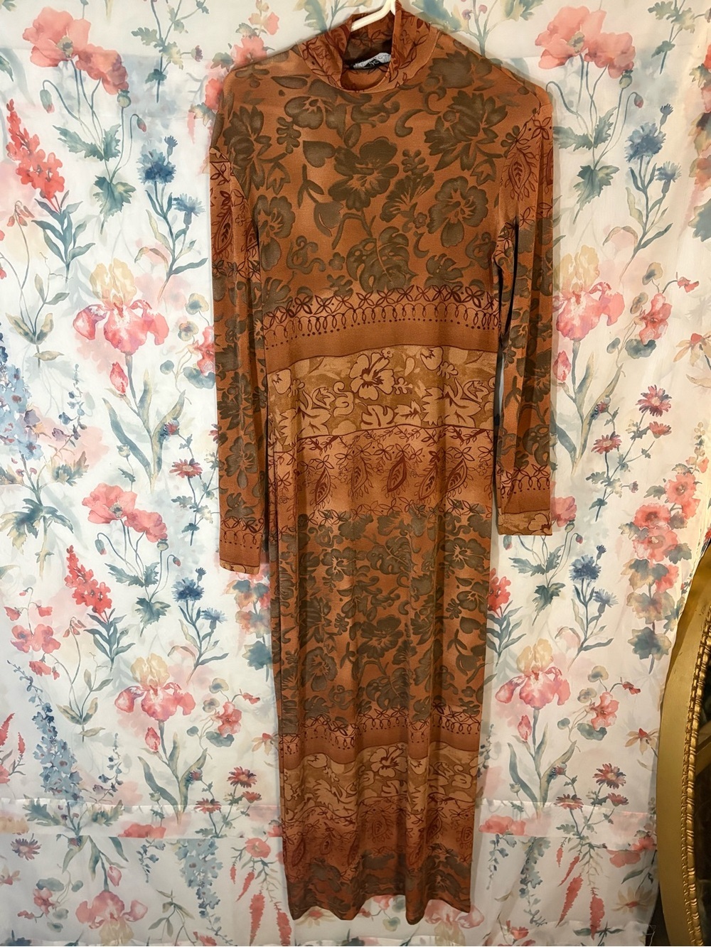 Rust Floral Maxi Dress with Long Sleeves
